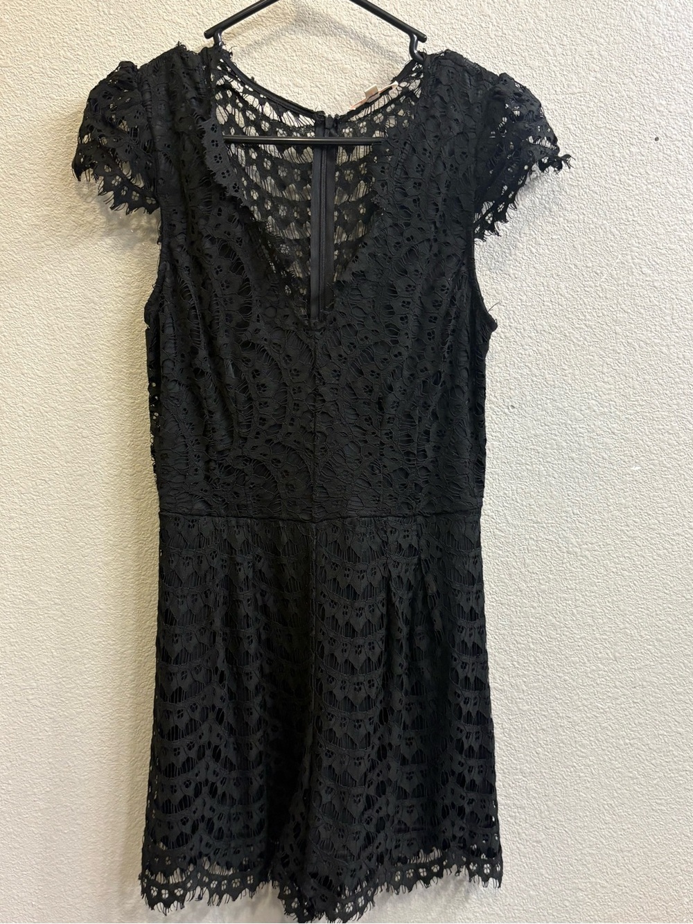 Luxxel | Black Lace Romper Cap Sleeve Scalloped Hem Deep V Back | Size M